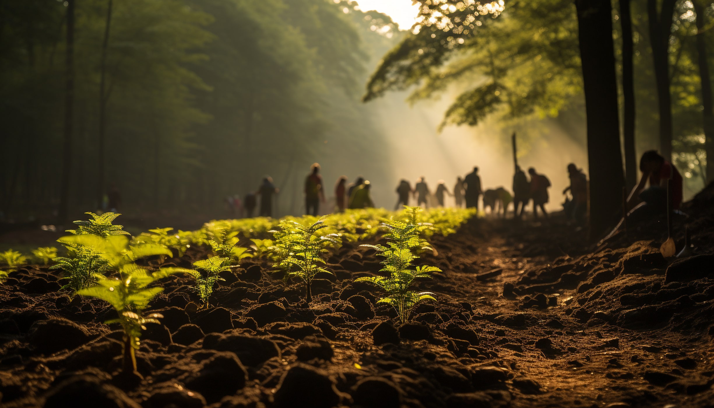 Company members planting tree on sunny day